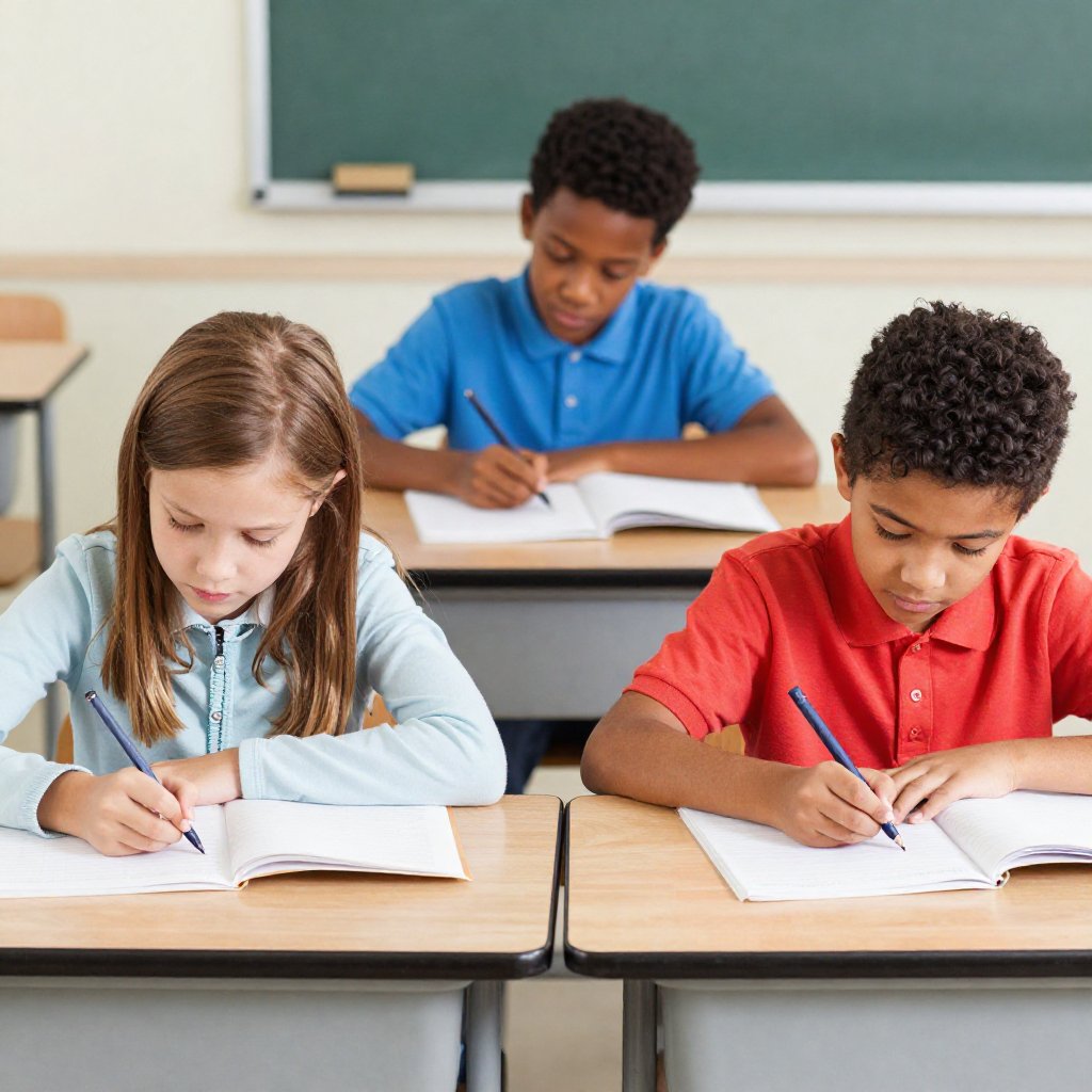 Children focused on writing in their exercise books